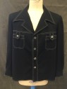 N/L, Black, Polyester, Solid, Leisure Suit, Polyester Crepe, White Stitching, Single Breasted, Pointy Collar Attached, Notched Lapel, 2 Pockets, Yoke, Button Cuffs, Western Back Yoke, Side Slits