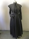 Womens, Dress, Piece 1, 1890s-1910s, NL, Black, Khaki Brown, Wool, Synthetic, Stripes, W32, B42, Mid 1800's Heathered Stripe Wool Blend, Long Sleeves, 10 Black Covered Buttons Center Front Placet, Skirt Gathered to Waist.