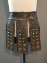 Mens, Historical Fiction Skirt, M.T.O., Bronze Metallic, Gold, Leather, Metallic/Metal, Adjust, Roman Soldier Military Leather Skirt. Leather Panels with Gold Medallions and Brass Studs, Velcro Adjustable Waist. Approx 38"