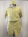 DEGREE, Lt Yellow, Ochre Brown-Yellow, Sage Green, Cotton, Plaid, Oversized Shirt, Dropped Short Sleeves, Button Front, Collar Attached, with Button Loop, 1 Pocket, Puckering of Collar Innerfacing