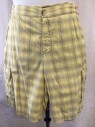 DEGREE, Lt Yellow, Ochre Brown-Yellow, Sage Green, Cotton, Plaid, Flat Front Shorts, Zip Front, 2 Cargo Pocket, Elastic Side Waistband,