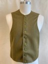 BAROTEX, Lt Olive Grn, Black, Wool, Solid, Swirl , 1500s, VEST, 9 Buttons Down Front, Round Neck