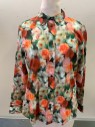 Womens, Blouse, J.CREW, Multi-color, Coral Orange, Green, Gray, Cotton, Floral, Abstract , Sz.4, L/S, Button Front, C.A.