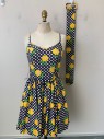 Bobbie Brooks, Navy Blue, White, Yellow, Pink, Lime Green, Cotton, Polka Dots, Floral, Spaghetti Strap, Pleated, Zip Back, Side Pockets,