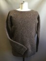 Mens, Historical Fiction Top, MTO, Dk Brown, Cream, Gray, Wool, Speckled, CH 40, Pullover Sweater, Hand Knit, Boat Neck, Long Sleeves, Chunky Knit. Ribbed Knit Cuffs and Waist. Hole at Right Cuff, Historical Fantasy, Multiple