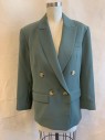 VINCE, Sage Green, Polyester, Solid, Double Breasted, 4 Buttons, Peaked Lapel, 3 Pockets, 3 Button Cuffs, 1 Back Vent