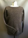 Mens, Historical Fiction Top, MTO, Dk Brown, Cream, Gray, Wool, Speckled, 40, Pullover Sweater, Hand Knit, Boat Neck, Long Sleeves, Chunky Knit. Ribbed Knit Cuffs and Waist. Hole at Right Cuff, Historical Fantasy, Multiple