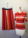 TORY SPORTS, Dk Red, Orange, Yellow, White, Black, Viscose, Polyester, Stripes - Horizontal , Ribbed Knit Dark Red, Orange, Yellow, White with Black Horizontal Stripes, Red Crew Neck, Short Sleeves,  with Matching Skirt