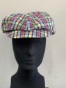 ANGELICA, Navy Blue, Red, Yellow, Green, White, Polyester, Cotton, Solid, Plaid, Newsboy Cap, Visor with Snap, 6 Panel, Button On Top, Adjustable Plastic Back, Multiples