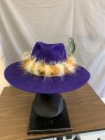Mens, Piece 4, BARON HATS, Purple, Cream, Lt Brown, Black, Wool, Faux Fur, Solid, Animal Print, 7 1/4, Wide Brim Hat with Leopard Faux Fur Hat Band, Peacock Feather Accent