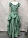 Womens, Historical Fict 2 Piece Dress, N/L, Lt Green, Gray, Polyester, Floral, W:28, B:38, Taffeta, Scoop Neck, Lace Trim W/ruffle At Neck, Cap Sleeves, , Bone Bodice, Hook & Eyes And Snap Back