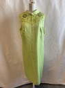 NL, Lime Green, Silk, Solid, Back Zipper, Round Collar, Below Knee, Floral Embroidery and Beading, 3 Teardrop Beads **Missing 4 Beads