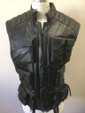 Mens, Sci-Fi/Fantasy Piece 2, N/L MTO, Black, Leather, Solid, L, Vest Zip Front, Many Tactical Pockets/Compartments, Stand Collar, Quilted/Piping Self Stripes at Shoulders/Side, Made To Order, **Has Multiples