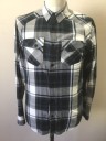 AMERICAN RAG CIE, Gray, Black, Dk Blue, White, Cotton, Plaid, Long Sleeve Button Front, Collar Attached, 2 Pockets with Button Flap Closures, Has a Double