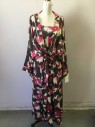 N/L, Black, Gray, Fuchsia Pink, Cream, Gold, Silk, Floral, Novelty Pattern, Black with Gray Squares with Fuchsia/Cream/Gold Floral, Scoop Neck, Adjustable Straps, Ankle Length Hem