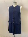 N/L, Navy Blue, Wool, Silk, Solid, Mens Long 1700's Vest, 10 Filigree Gold Buttons at Center Front, 2 Pockets with Button Down Flaps at Front, Slit at Center Back Waist