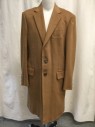 Mens, Coat, Overcoat, N/L, Camel Brown, Wool, Solid, M, 40, Notched Lapel, Single-Breasted, 3 Button Closure, 1 Chest Welt Pocket, 2 Flap Besom Pockets, Back Vent, Below the Knee Length