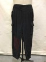 Mens, 1990s Vintage, P2, M.T.O , Black, Red, Polyester, Rayon, Solid, 34, Cargo Style Pants With Padded Knee Pads With Red Rat Tail Vertical Stripes At Right Knee