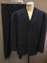 Mens, Suit, Jacket, 1890s-1910s, MTO, Navy Blue, Gray, Wool, Stripes - Pin, 48R, Single Breasted, 3 Buttons, 3 Pockets, Notched Lapel, Collar Attached,