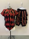 Windlass, Red, Black, Gold, Polyester, Cotton, Diamonds, Court Jester Costume, S/S, Clip Front, Stand Collar, Side Ties, Puff Sleeves with Cuts