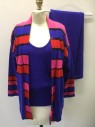 Womens, 1980s Vintage, Piece 1, ANTONELLA PREVE, Purple, Bubble Gum Pink, Red, Black, Acrylic, Sequins, Stripes, B 34, Cardigan with Black Sequin Stripes, 3/4 Sleeve, Open Front, 2 Pockets