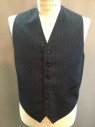 Mens, Suit, Vest, 1890s-1910s, MTO, Navy Blue, Gray, Wool, Cotton, Stripes - Pin, 44, 6 Buttons, 4 Pockets, Black Cotton Back,