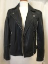 Womens, Leather Jacket, TOPSHOP, Black, Leather, Solid, 4, Zip Front, Collar Attached, 3 Zip Pockets, Zipper Arm Detail, Adjustable Waist