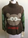 OILILY, Brown, Green, Olive Green, Red, Wool, Novelty Pattern, Turtleneck, Teddy Bear Face on Front, with Red Text "Fritzie", Knit, Sleeves And Back Have Green Plaid Pattern, Multiples