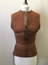MTO, Brown, Cotton, Leather, Solid, Quilted Jersey with Cotton Webbing Trim and 5 Large Copper Buckle Straps at Center Back. Sleeveless. Slit Neck Front Crew Neck with Lacing And  Leather Tab. Peplum Waist. Lacing at Side Waist