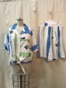 Womens, 1990s Vintage, Piece 1, PLAY ALEGRE, White, Blue, Green, Magenta Purple, Cotton, Abstract , M/L, Shirt, Button Front, Collar Attached, Notched Lapel, Self Tie Knot, Short Sleeves,