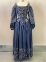 Period Corset, Blue, Silver, Silk, Leaves/Vines , L/S, Scoop Neck, Embroiderred and Beaded Leafs, Fringed Bows, Silver Lace Trim, Bottoms Flaps