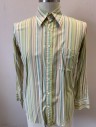 Mens, Dress Shirt, CEGO, Lt Green, Lime Green, Turquoise Blue, Yellow, Cotton, Stripes - Vertical , Slv:34, N:17, Long Sleeve Button Front, Collar Attached, Long Collar, 1 Patch Pocket, Made To Order Multiples