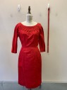 Womens, 1960s Vintage, Piece 1, NO LABEL, Red, Polyester, Solid, W27, B36, H32, L/S, Wide Neck, Loop Neckline Detail, Back Zipper, Distressed