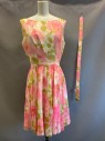 Womens, 1950s Vintage, Piece 1, NO LABEL, Pink, Rose Pink, Moss Green, Cream, Polyester, Floral, W26, B36, Sleeveless Dress, Scoop Neck, Back Drape, Back Zipper, Pleated