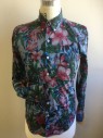 NAKED & FAMOUS, Steel Blue, Pink, Green, Blue, Navy Blue, Cotton, Floral, Button Front, Button Down Collar, Long Sleeves, 1 Pocket, Fitted/Slim Fit, Double, See FC048292