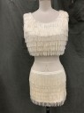 Womens, 1960s Vintage, Piece 1, MTO, Ivory White, Polyester, Solid, B 32, Layers of Fringe, Scoop Neck, Sleeveless, Crop Top, Stretch, Side Zip, Reproduction, Top and Skirt
