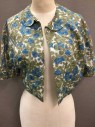 Womens, 1960s Vintage, Piece 2, L'AIGLON, White, Green, Blue, Black, Nylon, Floral, Jacket 3/4 Sleeve, Peter Pan Collar, Open At Center Front, Cropped Length, Early 1960's