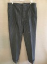 Mens, Suit, Pants, 1890s-1910s, MTO, Gray, Black, Wool, Stripes, Herringbone, Ins:33, W:37, Flat Front, Cuffed, Button Fly,  Interior Suspender Buttons,