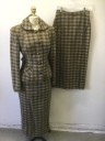 Womens, 1930s Vintage, Suit, Jacket, N/L, Multi-color, Sage Green, Red Burgundy, Brown, Slate Blue, Wool, Plaid-  Windowpane, B: 36, Thick/Scratchy Wool, L/S, Rounded Collar, 5 Unusual Diamond Shaped Black Buttons with Beige and Glitter Painted Detail, 2 Hip Pockets with Scallopped Overlapping Detail, Padded Shoulders, Navy Lining, Made To Order