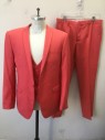 Mens, Suit, Jacket, L & S, Coral Pink, Rayon, Modal, Solid, 40R, Bright Coral Pink, Single Breasted, Thin Peaked Lapel, 1 Button, 3 Pockets, Slim Fit