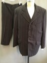 Mens, Suit, Jacket, 1890s-1910s, MTO, Chocolate Brown, Red, White, Wool, Stripes, 46L, Single Breasted,  4 Buttons, 3 Pockets, Notched Lapel,