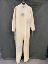 Unisex, Sci-Fi/Fantasy Jumpsuit, MTO, Cream, Rubber, Solid, Ch 40, Stand Collar, Zip Back Center Front Circle Patch, Long Sleeves, Foam Filled Quilted Elbows and Knees, Clear Plastic String Tie Back Through Self Loops, Drawstring Sleeve and Leg Hems, Multiples