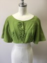 Womens, 1960s Vintage, Piece 2, MTO, Chartreuse Green, Silk, Solid, Small Short Waist Jacket, Short Flare Sleeve, Snap Front with Self Strap Bowties at Snaps