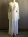 JONQUIL, Cream, Nylon, Spandex, Solid, Peignoir, Solid Cream, Long Sleeves, Floral Lace/Mesh Netting Upper Sleeve, Gathered Large Lower Flutter Cuff, Floor Length Hem, Satin Attached Tie Front, Self Tie Back Waist From Side Seams, Doubles