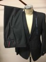 TOMMY HILFIGER, Dk Gray, Lt Blue, Wool, Polyester, Plaid, Windowpane Pattern, Single Breasted, Notched Lapel, 2 Buttons,  2 Pockets,