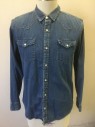 LEVI'S, Denim Blue, Cotton, Solid, Lightweight Denim/Chambray, Long Sleeves, Snap Front, Collar Attached, Light Gray and Silver Snaps, 2 Pockets with Snap Closures, Beige Topstitching, Western Style Yoke
