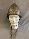 Mens, Historical Fiction Helmet, MTO, Pewter Gray, Fiberglass, 24", Medieval Helmet.Possibly Spanish. Pointy Crown. Pewter with Tarnished Silver Trim. Brown Leather Wang Chin Strap, Multiples