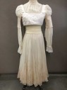 TRISH SUMMERVILLE, Cream, Pearl White, Silk, Beaded, Solid, Diamonds, Quilted Shantung Silk W/Pearl Beads, Scoop Neck, Sheer Chiffon Over Scoop Neck W/High Ruched Neckline W/Pearl Buttons, Long Sleeves, Cream Velvet Panel In Center Of Sleeve, Top Of Sleeve & Bottom Of Sleeve Is Sheer Chiffon, Hook + Eye Closures At Center Front, Cropped Length  **Has Some Stains On Chiffon