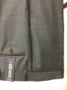 TOMMY HILFIGER, Charcoal Gray, Lt Blue, Wool, Polyester, Plaid, Flat Front, Button Tab,