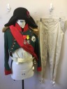 Mens, Historical Fiction Piece 1, N/L MTO, Forest Green, Red, Gold, Wool, Solid, 38, Napoleon Set, Jacket: Tail Cutaway Jacket, High Cut on Chest, Red Stand Collar, 2 Rows of Gold Buttons, Large Gold Epaulettes, Assorted Metals/Badges, Red Cuffs,  Has Horns Center Back on the Tails, Early 1800's Regency, ***Includes the Following Non Coded Accessories: Bicorn Hat, Red Faille Sash, Cream Suede Leather Belt with Holster, Prop Dagger is Removable From Sheath, All in Photos, No Changes May Be Made to This Costume.